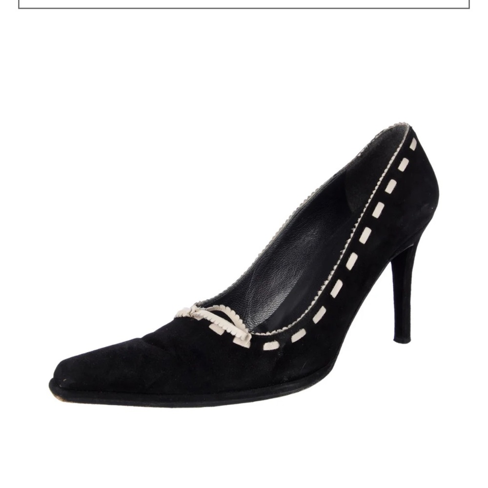 Stuart Weitzman Black & Cream Suede Pointed Toe Pumps Shoes Size 7M - Picture 13 of 13